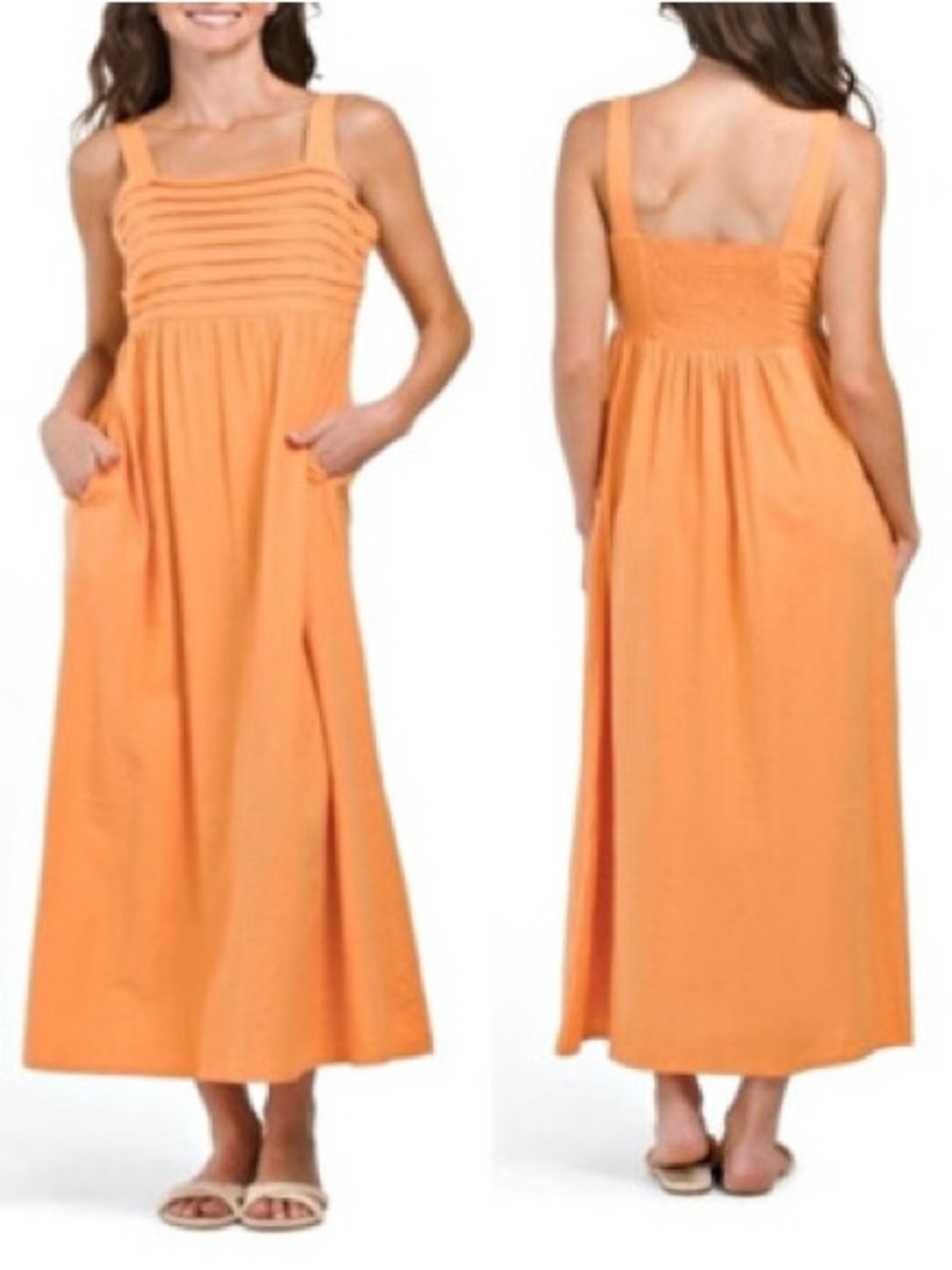 Tahari Orange Pleated Bodice Midi Dress